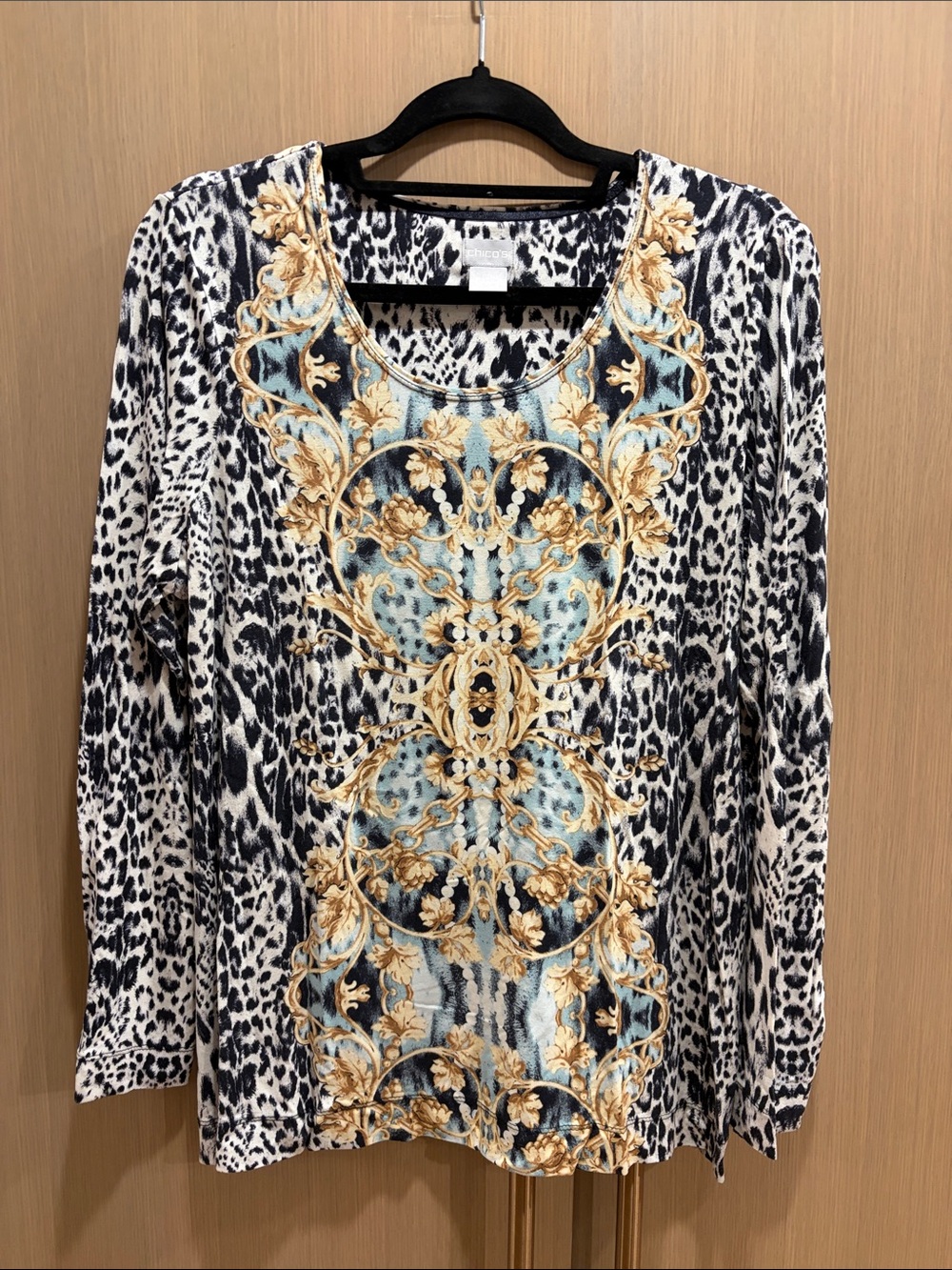 Chico's Black, White, Gold and Blue Animal-Print Long Sleeve Tee